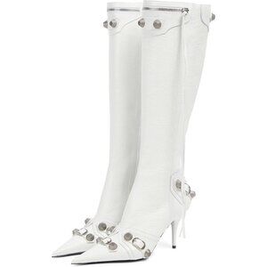 Women's Faux Leather White Stiletto Knee High Pointed Toe High Heel Zipper Boots